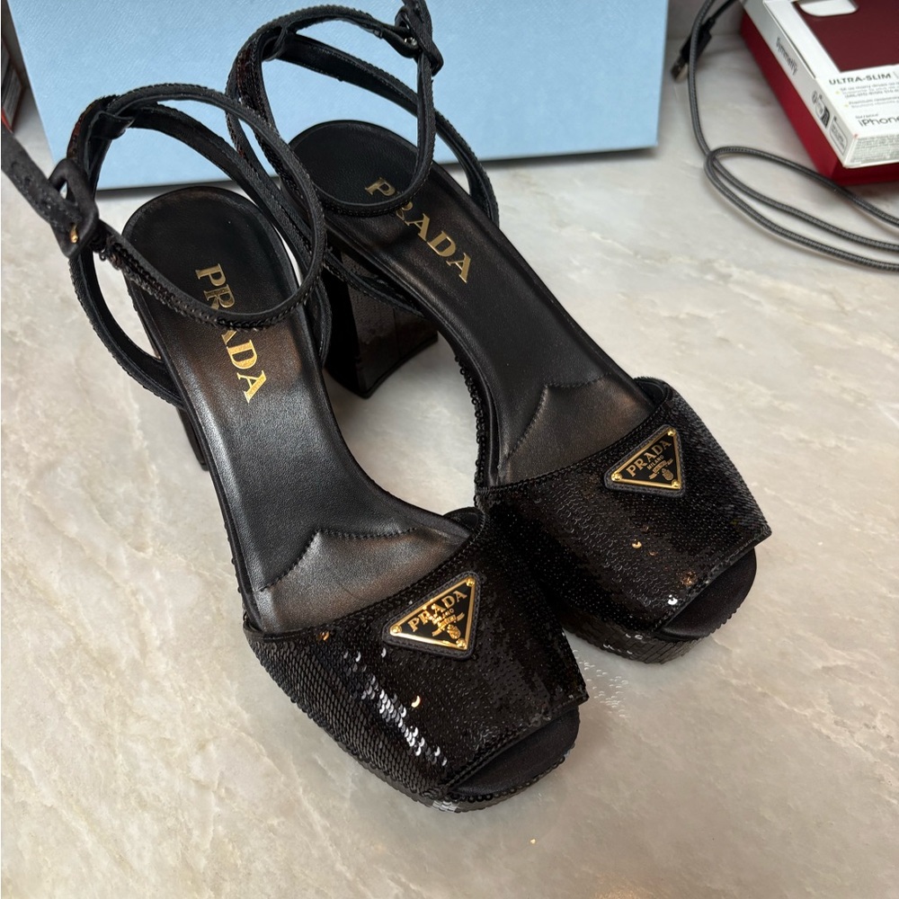 Prada Black Sequin Platform Slingback Sandals
